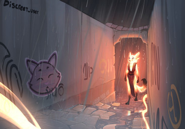 4_ears 4_toes anthro barefoot black_nose breasts claws clothed clothing digitigrade dipstick_tail eyebrow_piercing facial_piercing feet female fur gloves_(marking) glowing glowing_body glowing_fur leg_markings markings multi_ear paws piercing raining socks_(marking) solo tail tail_markings toe_claws toes wet whisker_spots yellow_body yellow_fur discreet_user mylar_(discreet_user) canid fyre_fox mammal