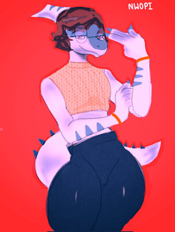 anthro blue_body blue_bottomwear blue_clothing blue_pants bone_frill bottomwear brown_hair bulge clothed clothed_anthro clothed_male clothing crop_top crossdressing eyes_mostly_closed fingers frill_(anatomy) front_view hair humanoid_hands long_tail looking_at_viewer male markings narrowed_eyes pants pose purple_eyes red_background shirt short_hair simple_background smile solo spiked_tail spikes spikes_(anatomy) standing striped_markings stripes tail text topwear wide_hips nwopi cavemanon_studios i_wani_hug_that_gator benjamin_mcknight dinosaur hadrosaurid ornithischian ornithopod parasaurolophus prehistoric_species reptile scalie artist_name colored hi_res portrait shaded three-quarter_portrait