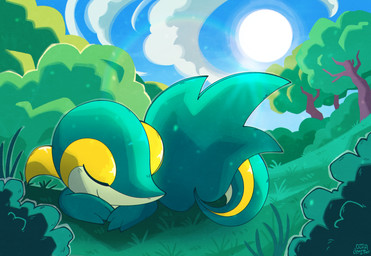 ambiguous_gender cloud day feral grass nature outside plant sky sleeping smile solo sun tree ouroborotter nintendo pokemon fan_character generation_5_pokemon pokemon_(species) snivy hi_res