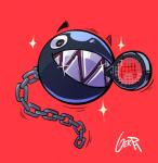 ambiguous_gender black_eyes chain not_furry sharp_teeth simple_background smile solo sport teeth tennis tennis_racket gerph mario_bros mario_tennis mario_tennis_aces nintendo chain_chomp sphere_creature big_mouth_(disambiguation)