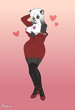 anthro areola big_breasts black_clothing black_hair black_legwear black_nose black_stockings bottomwear breasts clothing collarbone eyelashes female footwear fur garter_straps green_eyes grey_body grey_fur hair hand_behind_head heart_symbol high_heels legwear long_eyelashes long_hair looking_at_viewer multicolored_body multicolored_fur multicolored_hair nipples purple_areola purple_nipples red_bottomwear red_clothing red_footwear red_shoes red_skirt red_topwear shoes simple_background skirt smile solo standing stockings teasing teasing_viewer thigh_highs topwear two_tone_body two_tone_fur two_tone_hair undressing_self white_body white_fur white_hair batya bear giant_panda mammal 2020 absurd_res colored colored_sketch flat_colors hi_res sketch