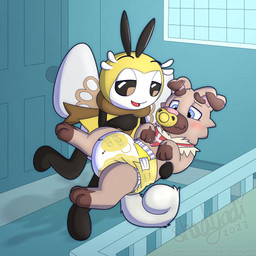 3_fingers 3_toes ambiguous_gender antennae_(anatomy) anthro black_antennae black_body blush blush_lines brown_body brown_ear_tips brown_fur carrying_another clean_diaper clothed clothing crib detailed_background diaper diaper_fetish dipstick_ears door duo ear_markings featureless_feet featureless_hands feet feral fingers floating fur gloves_(marking) half-closed_eyes heart_symbol insect_wings inside kerchief leg_markings lepidopteran_wings markings multicolored_body multicolored_ears narrowed_eyes neckerchief neckwear object_in_mouth open_mouth open_smile pacifier pacifier_in_mouth patreon_username pink_nose smile socks_(marking) tail tan_body tan_fur tan_tail text three-quarter_view toes wavy_mouth wearing_diaper white_body window wings yellow_body yellow_pacifier shadyadi nintendo pokemon rocky_the_rockruff generation_7_pokemon pokemon_(species) ribombee rockruff 1:1 2023 artist_name english_text hi_res signature url