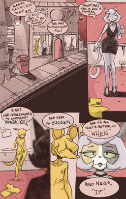 anthro breasts cleavage clothed clothing dialogue dress female footwear green_eyes hair high_heels male markings mole_(marking) mole_on_breast mole_under_eye mole_under_mouth pink_hair shoes speech_bubble street tail text undressing bbravaa no_nut_november no_nut_sabotage deedee_(bbravaa) polly_(bbravaa) felid mammal murid rodent absurd_res comic english_text hi_res meme