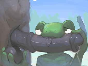 ambiguous_gender animal_genitalia animal_penis anthro balls biped bodily_fluids brown_body brown_fur duo equine_genitalia equine_penis erection flared_penis fur genital_fluids genitals green_body leaking_precum male medial_ring navel open_mouth penis precum saliva simple_background 7b7a2f amphibian frog 4:3 absurd_res hi_res