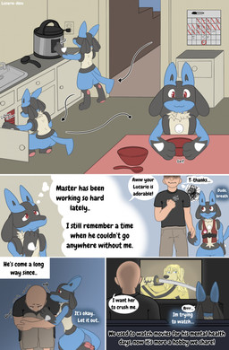 animal_noises anthro bald bodily_fluids clothed clothed_human clothed_male clothing comforting cooking crying depression dialogue duo emotional flashback fully_clothed fully_clothed_human fully_clothed_male inner_monologue male male_human master mental_illness service_animal social_anxiety stressed tears text thinking thought_bubble watching_movie lucario-desu kill_bill nintendo pokemon lulu_(lucario-desu) generation_4_pokemon human lucario mammal pokemon_(species) comic english_text hi_res