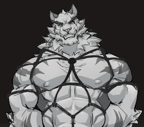 abs anthro areola arm_tuft bdsm biceps big_muscles big_pecs black_background black_eyebrows black_rope bondage bound cheek_tuft chest_tuft deltoids elbow_tuft eye_scar eyebrows facial_markings facial_scar facial_tuft fangs forearm_muscles front_view fur grey_body grey_fur grey_markings grin grinning_at_viewer hands_behind_back head_markings head_tuft looking_at_viewer male markings multicolored_body multicolored_fur muscular muscular_anthro muscular_arms muscular_male navel neck_tuft nipples nude pecs restraints rope rope_bondage rope_harness scar simple_background smile smiling_at_viewer solo striped_body striped_fur stripes teeth triceps tuft two_tone_body two_tone_fur white_body white_fur purtropos dislyte lilith_games jin_qiu_(dislyte) felid mammal pantherine tiger 2025 digital_media_(artwork) half-length_portrait hi_res monochrome portrait sketch