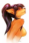 anthro breasts ear_piercing female glowing glowing_eyes looking_at_viewer nude piercing purple_eyes side_boob solo fudchan zoe_(foxydude) canid canine fox mammal half-length_portrait portrait