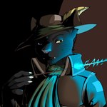 anthro ascot blue_eyes blue_glow blue_lighting claws clothing darkness hat hat_feather headgear headwear heterochromia loose_feather magic magic_user magic_wand male shirt solo teeth_showing topwear yellow_eyes pandottermon domestic_cat felid feline felis mammal 1:1 hi_res