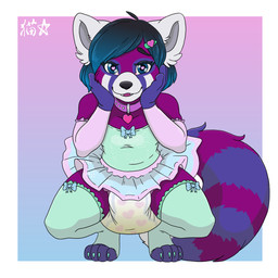 accessory anthro arm_stockings bob_cut bodily_fluids bow_ribbon clothing collar crouching diaper dress female genital_fluids gradient_background hair_accessory hairclip hands_on_chin happy heart_eyes heart_symbol heart_tag legwear looking_at_viewer pattern_diaper peeing pleased_expression simple_background smile solo sparkles stockings unclean_diaper urine used_diaper using_diaper wet_diaper wetting wetting_diaper stargal_galexi kara_cub ailurid mammal red_panda 1:1 hi_res