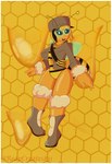 antennae_(anatomy) anthro black_sclera blonde_hair bomber_jacket boots clothing eyewear female footwear glasses hair hat headgear headwear honeycomb not_furry satchel shoes simple_background solo stinger wings yellow_background yellow_body zipper reapcreates831 beeopold_(reapcreates831) arthropod bee hymenopteran insect 2021 hi_res signature watermark