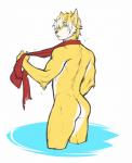 anthro blonde_hair blue_eyes butt fur hair looking_at_viewer looking_back male multicolored_hair muscular muscular_anthro muscular_male rear_view scarf seductive short_hair simple_background solo white_body white_fur yellow_body yellow_fur spearfrost ayin_(ghostpilot) canid canine mammal digital_media_(artwork) hi_res