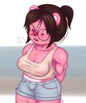 anthro beady_eyes big_breasts blue_bottomwear blue_clothing blue_shorts bodily_fluids bottomwear breasts brown_hair cleavage clothed clothing eyelashes eyewear female fur glasses hair hands_behind_back looking_at_viewer navel open_mouth pink_background pink_body pink_fur pink_nose ponytail purple_eyes round_glasses short_hair shorts simple_background solo sweat sweatdrop thick_thighs topwear translucent translucent_clothing translucent_topwear white_background white_body white_clothing white_fur white_topwear wide_hips kilih188 chicas_que_lucen_asi_tienen_permiso_de_arruinarme_la_vida pororo_the_little_penguin loopy_(pororo) beaver mammal rodent absurd_res hi_res