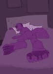 anthro anus backsack balls bed butt claws eyebrows eyes_closed feet fingers fur furniture genitals hair male nude pawpads paws perineum picture_frame pillow plantigrade purple_body purple_eyebrows purple_fur purple_hair purple_tail sleeping solo sound_effects tail vowelless vowelless_sound_effect zzz boblios canid canine mammal absurd_res hi_res monochrome