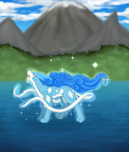 blue_body blue_hair blue_sky cloud countershade_neck countershade_torso countershading day digitigrade feral hair lake landscape looking_up mountain open_mouth outside plant quadruped red_eyes sky solo sparkles standing walking_on_water water white_body white_countershading wind artofmander nintendo pokemon generation_2_pokemon legendary_pokemon pokemon_(species) shiny_pokemon suicune hi_res