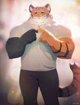 anthro clothed clothing fur male muscular muscular_anthro muscular_male simple_background solo stripes dona908 felid mammal pantherine tiger absurd_res hi_res