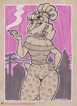 animal_print anthro bare_shoulders belt breasts cigarette clothed clothing dreadlocks female kerchief leopard_print patreon_logo purple_background shoulderless_shirt simple_background smoking solo strapless_clothing strapless_topwear text topwear chewycuticle patreon icky_(chewycuticle) bovid caprine goat mammal 2017 traditional_media_(artwork) url