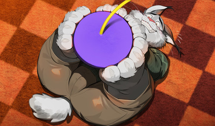 4_fingers 4_toes acting_like_a_cat anthro bottomwear brown_bottomwear brown_clothing brown_pants carpet cat_toy clothing embarrassed feet fingers green_clothing green_sweater green_topwear grin legs_up lying male on_back pants smile solo sweater toes topwear bogexboog disney zootopia pawbert_lynxley canada_lynx felid feline lynx mammal hi_res