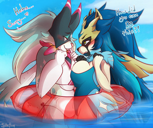angry anthro big_breasts bikini biped black_nose blue_sky blush breast_squish breasts breasts_frottage breasts_together clothed clothing cloud day dialogue duo eyebrows eyes_closed female female/female inflatable inner_tube kerchief one-piece_swimsuit outside partially_submerged pink_nose sky snout squish swimwear tail text two-piece_swimsuit yellow_eyes spider_bones nintendo pokemon crowned_sword_zacian generation_8_pokemon generation_9_pokemon legendary_pokemon meowscarada pokemon_(species) zacian 2025 6:5 digital_media_(artwork) english_text shaded