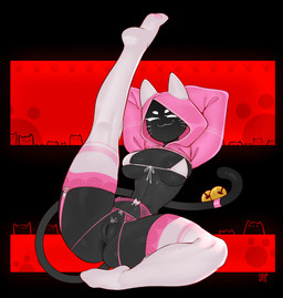 accessory animal_ears anthro anus bell bell_accessory bell_on_tail black_body black_skin breasts clothed clothed_female clothing female furgonomics genitals panties partially_clothed partially_clothed_female pink_clothing pink_panties pink_underwear presenting presenting_vulva raised_leg skinny solo spread_legs spreading tail tail_accessory tail_ornament text underwear vulva lewdstuffart felid feline mammal 2026 absurd_res artist_name hi_res signature