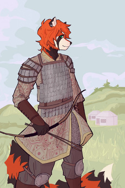 anthro armor arrow_(weapon) biped black_body black_fur body_armor bow_(weapon) bracers building clothed clothed_anthro clothed_male clothing cloud detailed_background facial_markings fur grass green_eyes hair head_markings hill holding_arrow holding_bow_(weapon) holding_object holding_ranged_weapon holding_weapon knee_guards knee_pads male male_anthro markings mask_(marking) plant ranged_weapon red_body red_fur red_hair ring_(marking) ringed_tail scale_armor shirt shoulder_guards sky snout solo standing striped_markings striped_tail stripes tail tail_markings topwear tunic weapon toffee_32 ailurid mammal red_panda hi_res