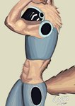 abs anthro big_ears fluffy fluffy_tail fur looking_at_viewer machine male muscular simple_background smile smirk standing tail thick_thighs xcoreus patreon protogen absurd_res hi_res signature