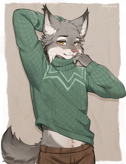 anthro bent_whiskers bottomwear clothed clothing dipstick_ears ear_markings hand_behind_head lidded_eyes looking_at_viewer male midriff multicolored_ears pants pink_nose solo sweater topwear turtleneck methynecros disney zootopia pawbert_lynxley canada_lynx felid feline lynx mammal digital_media_(artwork) hi_res