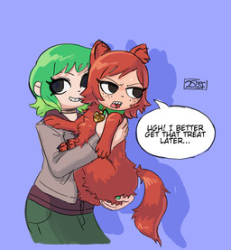 clothed clothing collar collar_tag duo eyelashes female female/female freckled_face freckles fur green_hair hair holding_animal human_faced_feral long_eyelashes oblivious reality_shift red_hair simple_background smile speech_bubble tail text tuft 25hermit scott_pilgrim_(series) kim_pine ramona_flowers canid canine human mammal english_text hi_res