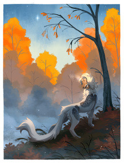 autumn female feral forest forest_background fur grey_body grey_fur markings multicolored_body multicolored_fur nature nature_background night outside plant sky solo spots spotted_body spotted_fur star text tree whiskers white_body white_fur ruddi cheetah felid feline mammal 2025 artist_name digital_media_(artwork) hi_res signature