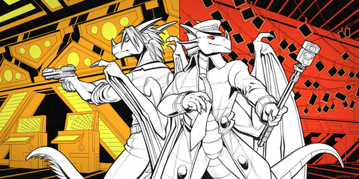 anthro back_to_back camera claws clothing darkroom dorsal_fin dorsal_frill ear_fins fin frill_(anatomy) gun hat headgear headwear horn jacket male necktie ranged_weapon red_eyes spacecraft spines topwear vehicle weapon wings slash_freezen mythology negadrake dragon mythological_creature mythological_scalie scalie 2022 2:1 absurd_res hi_res