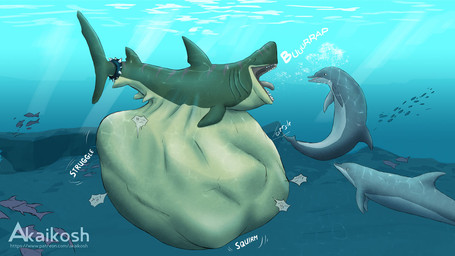 belly big_belly burping collar dolphin_tail eyes_closed feral feral_pred green_body green_fin grey_body grey_fin group huge_belly mass_vore multiple_prey rumbling_stomach shark_tail shark_teeth spiked_collar spikes tongue underwater vore water akaikosh aquatic cetacean dolphin fish mammal shark toothed_whale 2023 watermark