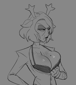 anthro antlers big_breasts breasts cleavage clothed clothing eyeshadow female grumpy hair horn huge_breasts makeup markings mature_anthro mature_female mole_(marking) presenting presenting_breasts simple_background solo kitapult deltarune undertale_(series) carol_holiday deer lightner mammal new_world_deer reindeer 2025 digital_drawing_(artwork) digital_media_(artwork) greyscale hi_res monochrome