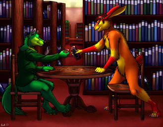 alcohol anthro beverage black_nose book bottle bottomless chair claws clothed clothing container digitigrade duo fur furniture green_body green_fur hair holding_bottle holding_container holding_object library long_ears male nude orange_body orange_fur plant red_hair scroll side_view sitting smile table tail teeth toe_claws conditional_dnp ratte divitus sour_jack canid canine canis lagomorph leporid mammal rabbit wolf 2013 digital_media_(artwork)