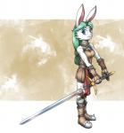 armor blue_eyes breasts clothed clothing female fur greatsword hair leather leather_armor long_hair melee_weapon simple_background smile solo weapon white_body white_fur zelen jane_(zelen) lagomorph leporid mammal rabbit