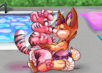 accessory ageplay anthro backyard blue_eyes blush bow_(feature) bow_accessory bow_ribbon clean_diaper clothed clothing diaper diaper_only duo eyes_closed female hair_accessory hair_bow hair_ribbon infantilism inflatable inflation latex outside paws pink_body ribbons roleplay stripes swimming_pool tail toddler topless water wearing_diaper white_diaper young young_anthro young_female pupspace kahncub_(character) animate_inanimate canid canine felid fox living_inflatable mammal pantherine tiger