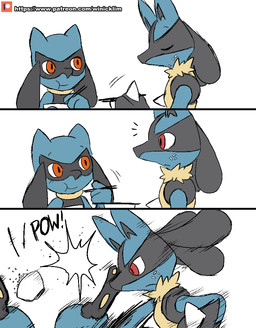 ambiguous_gender angry anthro barefoot bowl chopsticks close-up container duo eating exclamation_point eyes_closed feet food fur hitting level_difference long_ears looking_down nude pawpads paws punch red_eyes rice simple_background size_difference smile spikes text upside_down wood winick-lim nintendo pokemon canid canine generation_4_pokemon lucario mammal pokemon_(species) riolu comic english_text