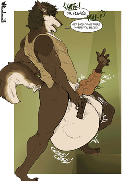5_fingers animal_genitalia animal_penis anthro balls big_balls big_penis black_claws border bottomless brown_body brown_fur brown_hair brown_pawpads canine_genitalia canine_penis claws clothed clothing cock_vore duo ear_piercing fangs feet fingers fur genitals gun hair handgun holding_gun holding_object holding_ranged_weapon holding_weapon huge_balls imminent_death imprint inner_ear_fluff knot knotted_penis male multicolored_body multicolored_fur open_mouth orange_penis pawpads penile penis piercing pink_pawpads pink_tongue pistol ranged_weapon shirt solo tail teeth text toes tongue topwear topwear_only tuft unwilling_prey vein veiny_penis vore weapon white_border white_inner_ear_fluff pardusliberty canid canine canis mammal wolf 2026 english_text hi_res