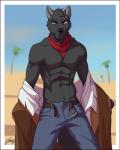 abs anthro athletic belt biceps black_body black_fur black_hair black_nose blue_eyes blurred_background bottomwear clothed clothing day denim denim_bottomwear denim_clothing desert eyebrows fur hair jeans kerchief light looking_at_viewer male muscular muscular_anthro muscular_male neckerchief neckwear open_belt pants pecs red_kerchief red_neckerchief scarf smile smirk solo standing sunlight topless undressing feralise canid canine canis mammal wolf 2017