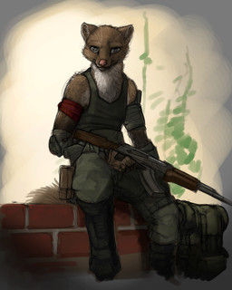 anthro brown_body brown_fur clothed clothing fully_clothed fur gun holding_gun holding_object holding_ranged_weapon holding_weapon pink_nose ranged_weapon shirt sitting solo tank_top topwear weapon whiskers white_body white_fur ipoke mammal mustelid 2015 4:5