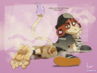 bedroom_eyes boots_removed bottomwear clothed clothed_male clothing ear_piercing feet foot_fetish footwear looking_at_viewer lying male musk musk_cloud narrowed_eyes odor on_front piercing seductive shoes_removed shorts smelly smelly_feet smile smiling_at_viewer smirk smirking_at_viewer solo stink_fumes stink_lines tail 3rdharleyjoe nintendo pokemon elex_the_smeargle generation_2_pokemon pokemon_(species) smeargle hi_res