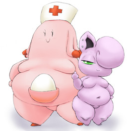 blush breasts clothing deep_navel dreadlocks duo ear_piercing featureless_breasts featureless_crotch female gesture green_eyes hair hair_over_eye hand_gesture hand_on_hip hat hat_only headgear headgear_only headwear headwear_only middle_finger mostly_nude navel not_furry nude nurse_clothing nurse_hat nurse_headwear one_eye_obstructed overweight overweight_female piercing pink_body pink_skin pokemorph pouch_(anatomy) purple_body purple_skin shortstack shortstack_female simple_background smile standing thick_thighs white_background nyquil sr third-party_edit nintendo pokemon deb_(nyquil) grace_(nyquil) chansey generation_1_pokemon humanoid jigglypuff pokemon_(species) shiny_pokemon color_edit colored hi_res