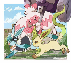 ambiguous_gender blue_body blue_eyes blush bow_ribbon brown_eyes clothed clothed_feral clothing cloud feral group hammer holding_object holding_weapon open_mouth paws pink_body sky tail tools trio weapon yellow_body jhni nintendo pokemon pokemon_unite tea_party_style_glaceon eeveelution generation_4_pokemon generation_9_pokemon glaceon humanoid leafeon pokemon_(species) tinkaton 2025 signature