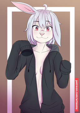 ahoge anthro breasts clothed clothing dark_clothing female floppy_ears fur hair hoodie looking_at_viewer open_clothing open_hoodie open_topwear oversized_clothing oversized_hoodie oversized_sleeves oversized_topwear pose red_eyes simple_background sleeves_past_wrists small_breasts smile solo standing text topwear white_body white_fur white_hair artoonu lumi_(artoonu) hare lagomorph leporid mammal rabbit 2021 hi_res signature