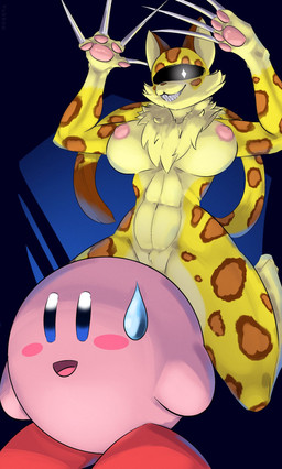 abs anthro athletic athletic_anthro athletic_female attack big_breasts bodily_fluids breasts claws countershading duo evil_grin female fur imminent_danger imminent_death jumping larger_female long_claws looming low-angle_view male navel neck_tuft nipples nude oblivious pounce sharp_teeth size_difference smaller_male smile sweat sweatdrop teeth tuft conditional_dnp yukkoo kirby_(series) kirby_and_the_forgotten_land nintendo clawroline kirby felid leopard mammal pantherine waddling_head better_version_at_source digital_media_(artwork) hi_res