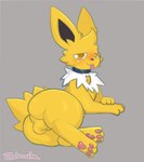 balls big_ears blep blue_collar blush butt collar feral genitals grey_background looking_at_viewer lying male on_side orange_eyes paws rear_view simple_background solo tongue tongue_out zakiredlight nintendo pokemon fan_character jolt_(wm149) eeveelution generation_1_pokemon jolteon pokemon_(species) 2023 artist_name colored digital_drawing_(artwork) digital_media_(artwork) hi_res shaded signature