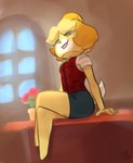 anthro blonde_hair bottomwear clothed clothing crossed_legs desk female fur furniture hair looking_at_viewer low-angle_view simple_background sitting skirt smile solo table tongue tongue_out yellow_body yellow_fur tofuuu animal_crossing nintendo isabelle_(animal_crossing) canid canine canis domestic_dog mammal shih_tzu toy_dog