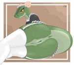 anthro anus argonian bethesda_softworks butt clothed clothing female genitals green_body hi_res horn lifts-her-tail looking_at_viewer lying maid_uniform no_underwear on_side orange_eyes pussy scalie simple_background skyrim solo tail the_elder_scrolls the_lusty_argonian_maid uniform zakoruchka