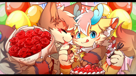 anthro big_eyes black_bars blue_eyes blue_horn bouquet brown_body brown_fur duo eyes_closed flower flower_bouquet fur horn kemono licking licking_another licking_lips male plant slim_anthro slim_male tongue tongue_out white_body white_fur yellow_body yellow_fur hlg7777 mythology canid canine dragon eastern_dragon fox furred_dragon furred_scalie mammal mythological_creature mythological_scalie scalie 2021 letterbox