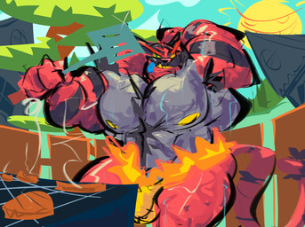 anthro barazoku big_muscles big_pecs bulge clothing cooking detailed_background grill grilling looking_at_viewer male muscular muscular_male nipples pecs solo standing thong underwear yellow_nipples wetyuip nintendo pokemon generation_7_pokemon incineroar pokemon_(species) absurd_res hi_res