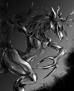anthro female flat_chested horn muscular muscular_female simple_background slim solo tail molb_(artist) bloodborne fromsoftware sony_corporation sony_interactive_entertainment vicar_amelia beast_(bloodborne) canid humanoid mammal monochrome