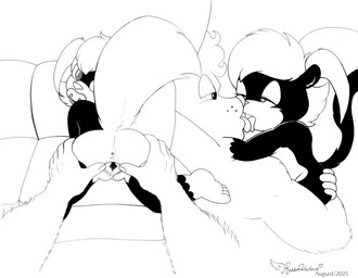 adult_on_child adult_on_young age_difference anthro anus duo female kissing licking licking_tongue male male/female multicolored_body object_in_mouth open_vagina pacifier pacifier_in_mouth size_difference spread_legs spreading tongue tongue_out young robbiewallace lagomorph leporid mammal mephitid rabbit skunk absurd_res hi_res line_art traditional_media_(artwork)